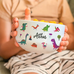 Personalised Kids Snack Bowl, Custom Name Ceramic Dish, Colourful Dinosaur Design, Toddler Birthday Gift