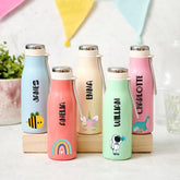 Personalised Kids Stainless Steel Water Bottle 400ml Pastel Flask Bee Unicorn Rainbow Astronaut Dinosaur Design for Boy Girl Back to School