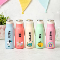 Personalised Kids Stainless Steel Water Bottle 400ml Pastel Flask Bee Unicorn Rainbow Astronaut Dinosaur Design for Boy Girl Back to School