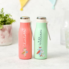 Personalised Kids Stainless Steel Water Bottle 400ml Pastel Flask Cute Animal Design for Boy Girl Back to School Aeroplane Pink Blue Mint