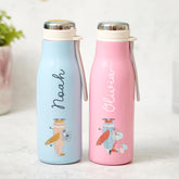 Personalised Kids Stainless Steel Water Bottle 400ml Pastel Flask Cute Animal Design for Boy Girl Back to School Aeroplane Pink Blue Mint