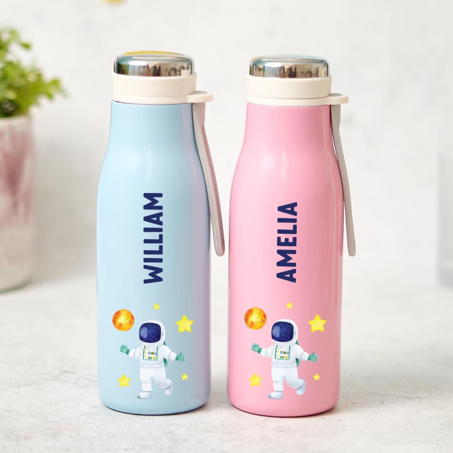 Personalised Kids Stainless Steel Water Bottle Flask Astronaut Rocket Space Design for Boy Girl Back to School Christmas Birthday Gift