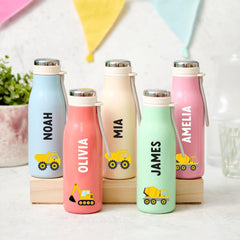Personalised Kids Stainless Steel Water Bottle Flask Digger Dump Truck Cement Mixer Design for Boy Girl Back to School Christmas Birthday