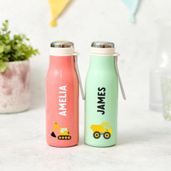 Personalised Kids Stainless Steel Water Bottle Flask Digger Dump Truck Cement Mixer Design for Boy Girl Back to School Christmas Birthday