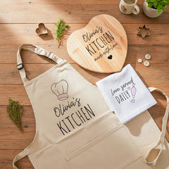 Personalised Kitchen Gift Set for Her – Apron, Heart Chopping Board & Tea Towel with Card