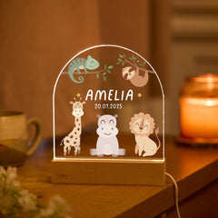 Personalised LED Night Light Name Birthdate Woodland Jungle Safari Animals Design Baby Gift Nursery Lamp