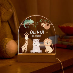 Personalised LED Night Light Name Birthdate Woodland Jungle Safari Animals Design Baby Gift Nursery Lamp