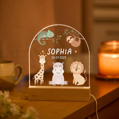 Personalised LED Night Light Name Birthdate Woodland Jungle Safari Animals Design Baby Gift Nursery Lamp