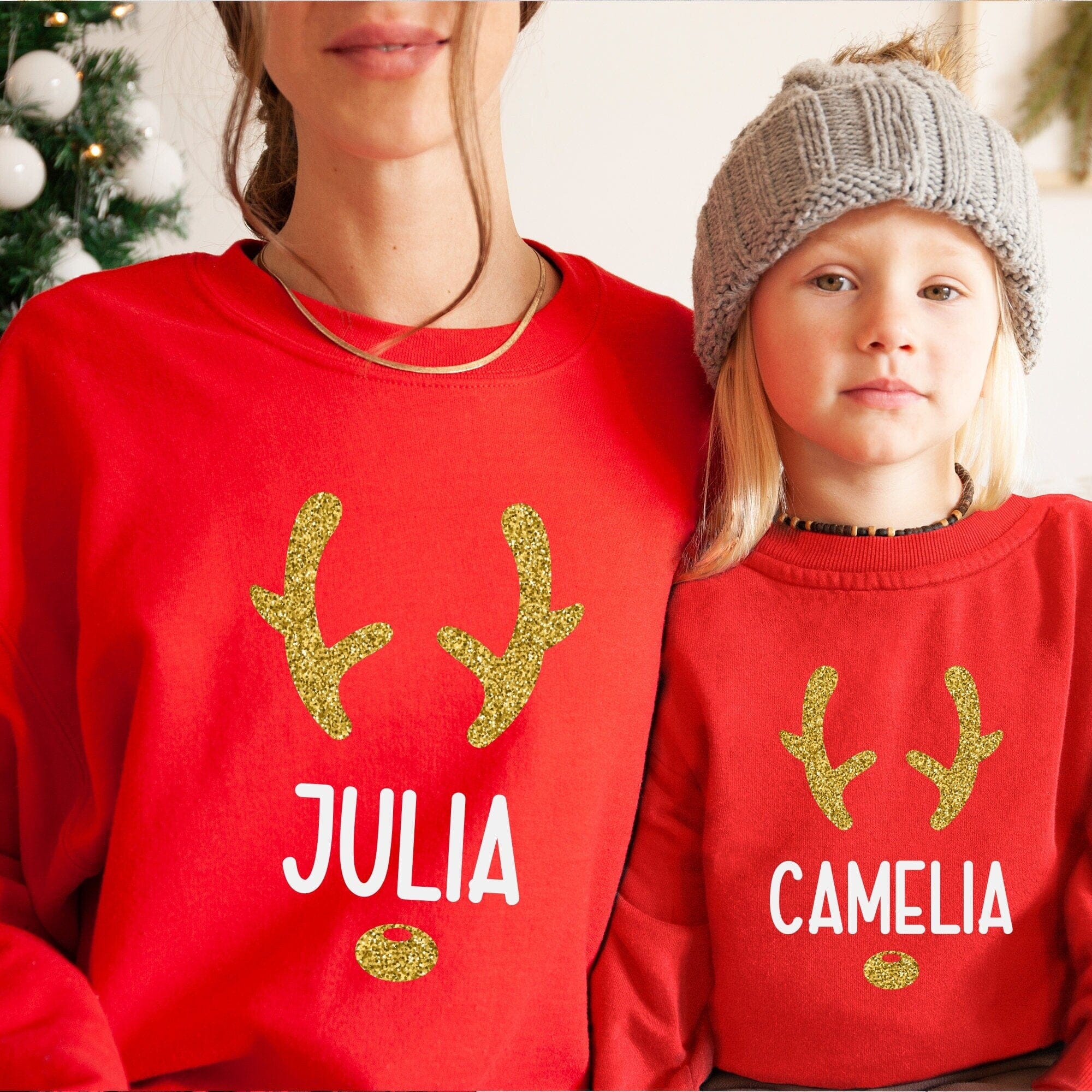 Personalised Matching Family Christmas Jumper With Name In Gold Glitter Unisex Adult And Kids Size