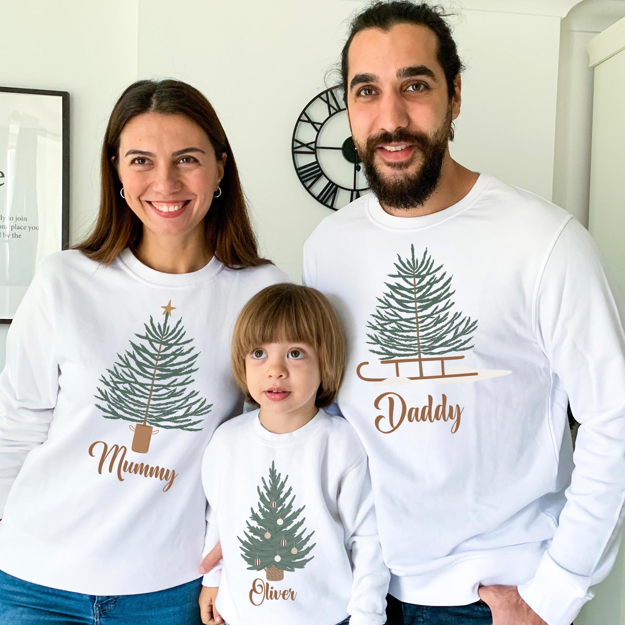Personalised Matching Family Christmas Sweatshirts Custom Name Jumper with Tree Design Gift for Mum Dad Baby Kids