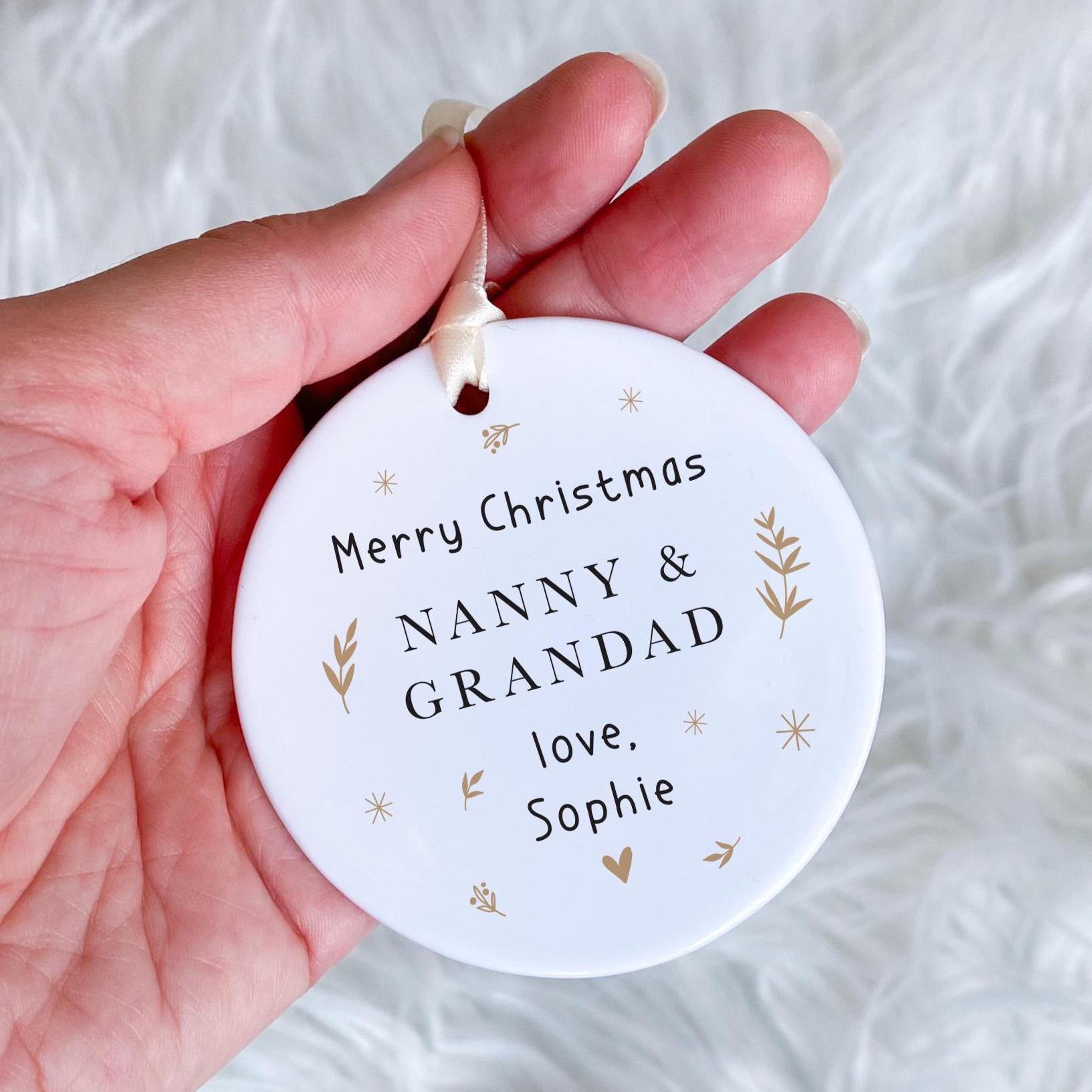 Personalised Merry Christmas Nanny & Grandad Ornament Elegant Gold Christmas Tree Decoration from Grandchild
