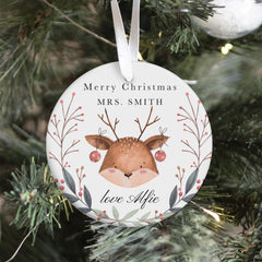 Personalised Merry Christmas Teacher Ornament Cute Reindeer Decoration Gift from Child Nursery Primary Assistant Teacher Xmas Keepsake