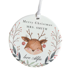 Personalised Merry Christmas Teacher Ornament Cute Reindeer Decoration Gift from Child Nursery Primary Assistant Teacher Xmas Keepsake