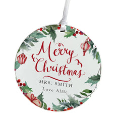 Personalised Merry Christmas Teacher Tree Decoration Festive Wreath Ornament Gift from Child or Class