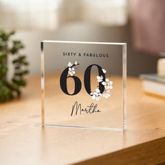 Personalised Milestone Birthday Acrylic Plaque Gift for Her Custom Age Keepsake with Name Elegant Floral Design for Mum Nanny Friend Sister
