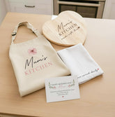 Personalised Mother’s Day Kitchen Gift Set for Mum – Apron, Heart Chopping Board & Tea Towel