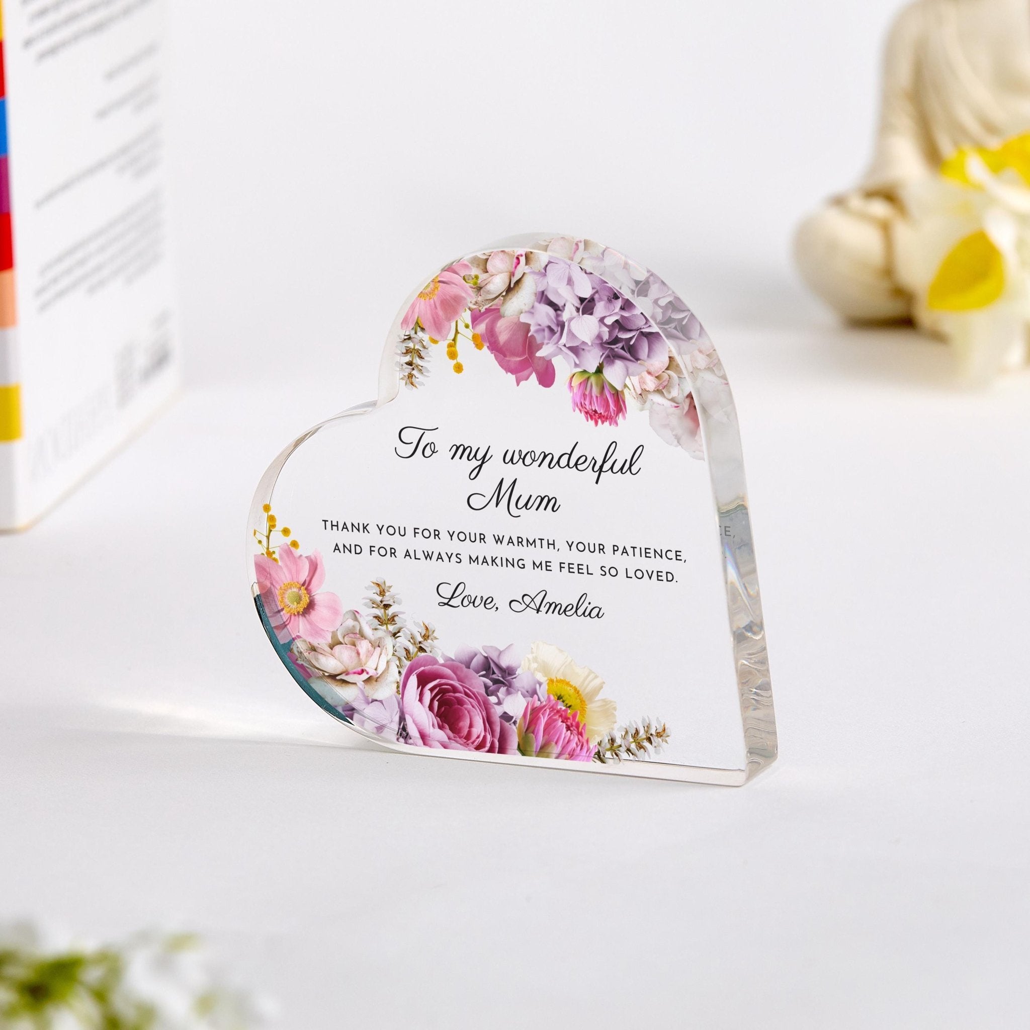Personalised Mum Heart Keepsake, Floral Acrylic Gift for Mum, Mother's Day Christmas Birthday Gift