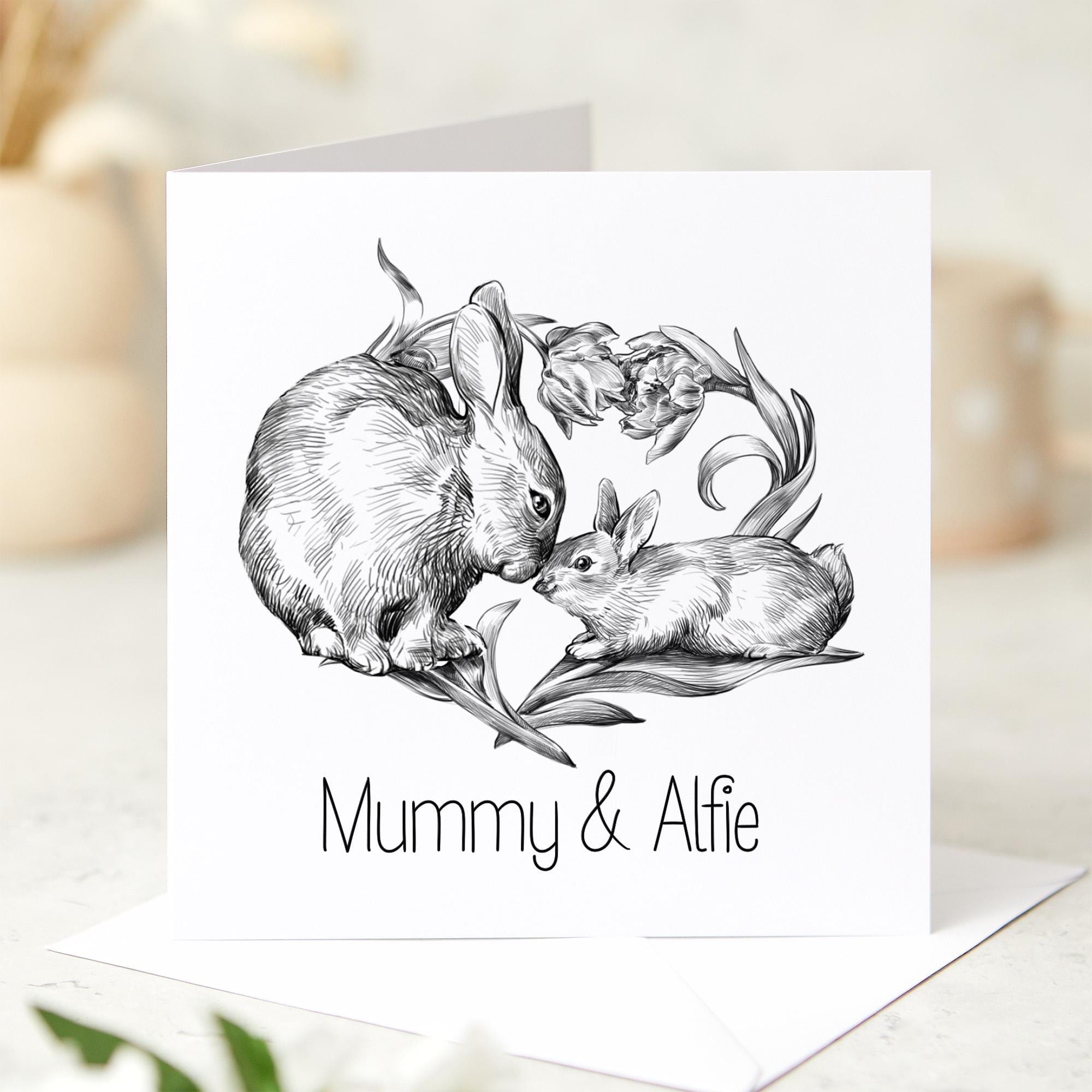 Personalised Mummy and Baby Card Custom Name Rabbit Card First Mother's Day Card for Mum from Son or Daughter Cute Bunny New Mum Gift