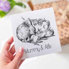 Personalised Mummy and Baby Card Custom Name Rabbit Card First Mother's Day Card for Mum from Son or Daughter Cute Bunny New Mum Gift