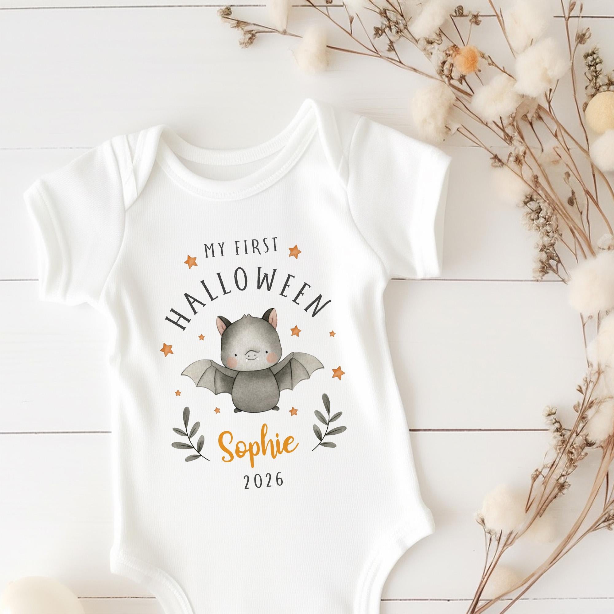 Personalised My First Halloween Baby Bodysuit, Cute Bat Baby Halloween Outfit