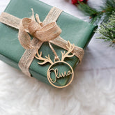 Personalised Name Wooden Gift Tag Reindeer Christmas Gift Tag Gold Silver Rose Gold Black Natural Colour