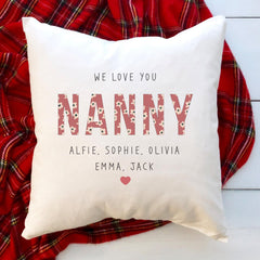 Personalised Nanny Cushion with Grandchildren Names – Cute Mother’s Day, Birthday or Christmas Gift – We Love You Floral Pillow Present