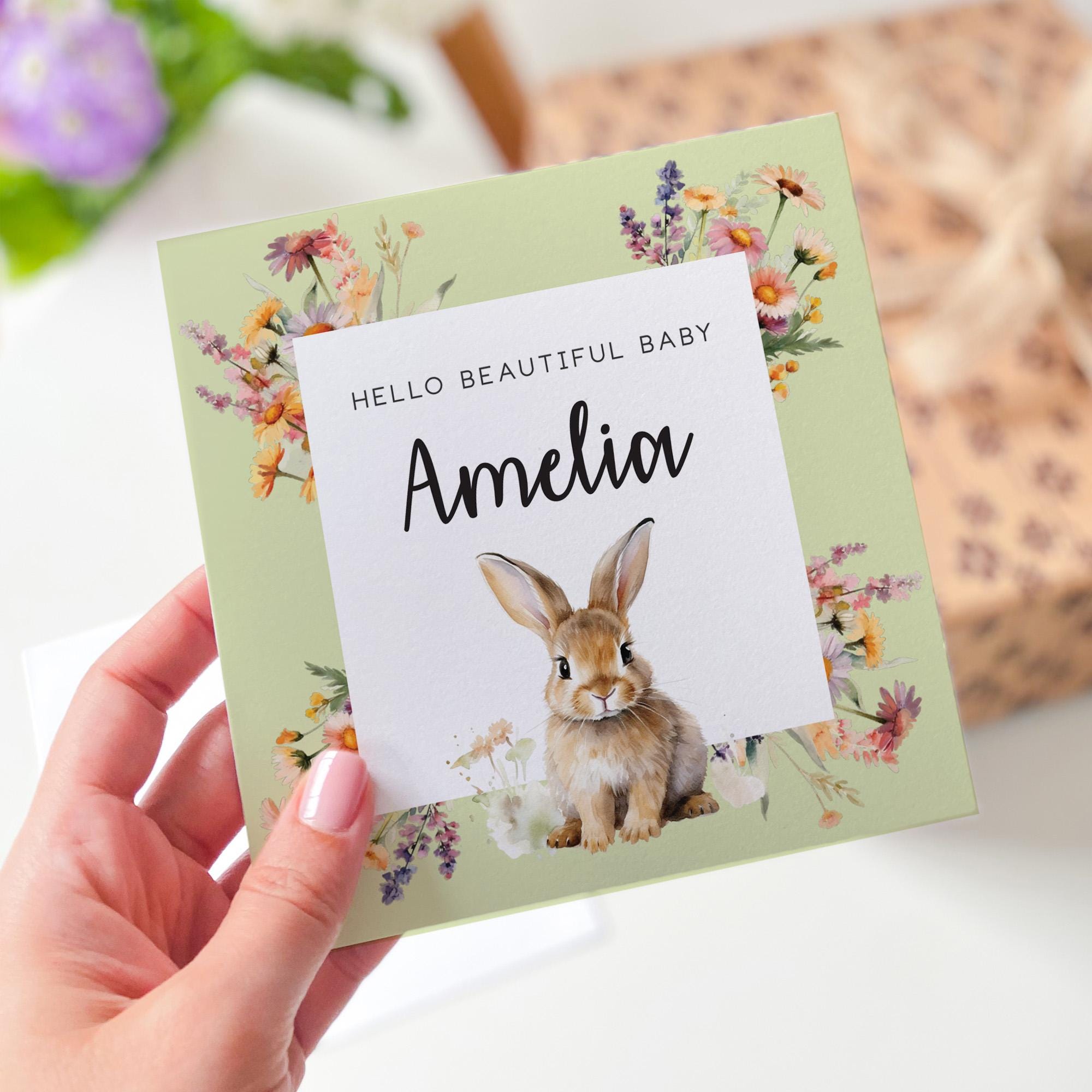 Personalised New Baby Card Custom Name Bunny and Floral Hello Beautiful Baby Girl or Boy Sweet Woodland Theme Keepsake Welcome to the world