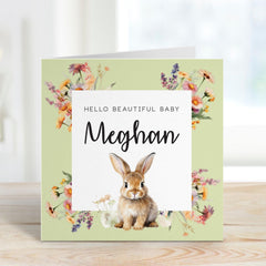 Personalised New Baby Card Custom Name Bunny and Floral Hello Beautiful Baby Girl or Boy Sweet Woodland Theme Keepsake Welcome to the world