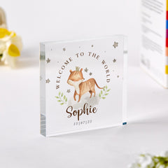 Personalised New Baby Gift Acrylic Plaque Welcome to the World Keepsake Custom Name & Date Nursery Animal Decor Baby Shower Present