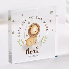 Personalised New Baby Gift Acrylic Plaque Welcome to the World Keepsake Custom Name & Date Nursery Animal Decor Baby Shower Present