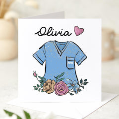 Personalised Nurse Thank You Card Blue Scrubs Design Floral Detail Card for Healthcare Hero Appreciation Birthday Card for Nurse