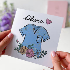 Personalised Nurse Thank You Card Blue Scrubs Design Floral Detail Card for Healthcare Hero Appreciation Birthday Card for Nurse