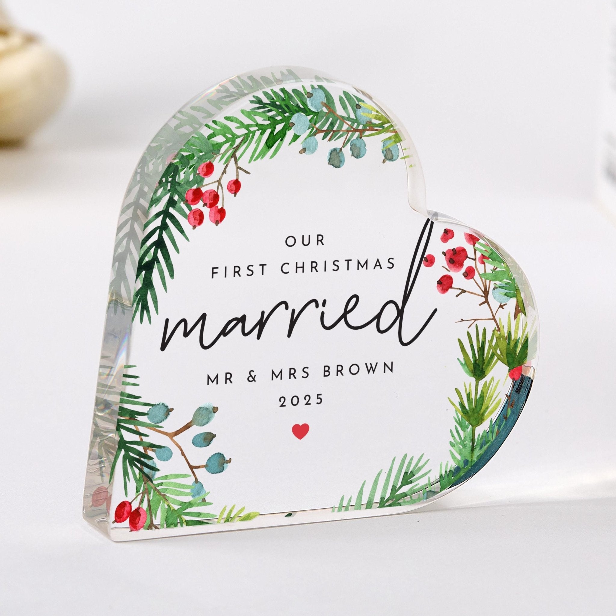 Personalised Our First Christmas Married Gift – Acrylic Heart Plaque – Newlywed Couple Keepsake for Wife