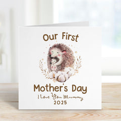 Personalised Our First Mother's Day Card New Mum 1st Mothers Day Gift from Baby Custom Name Hedgehog Mummy and Baby Keepsake Card for Mum