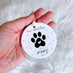 Personalised Pet First Christmas Ceramic Ornament Dog Cat Paw Print Keepsake Tree Decor with Name Gift for Pet Owner or Animal Lover