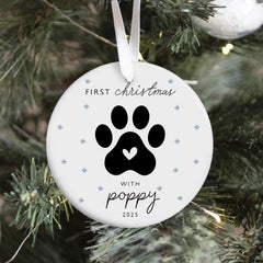Personalised Pet First Christmas Ceramic Ornament Dog Cat Paw Print Keepsake Tree Decor with Name Gift for Pet Owner or Animal Lover