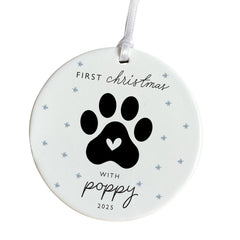 Personalised Pet First Christmas Ceramic Ornament Dog Cat Paw Print Keepsake Tree Decor with Name Gift for Pet Owner or Animal Lover
