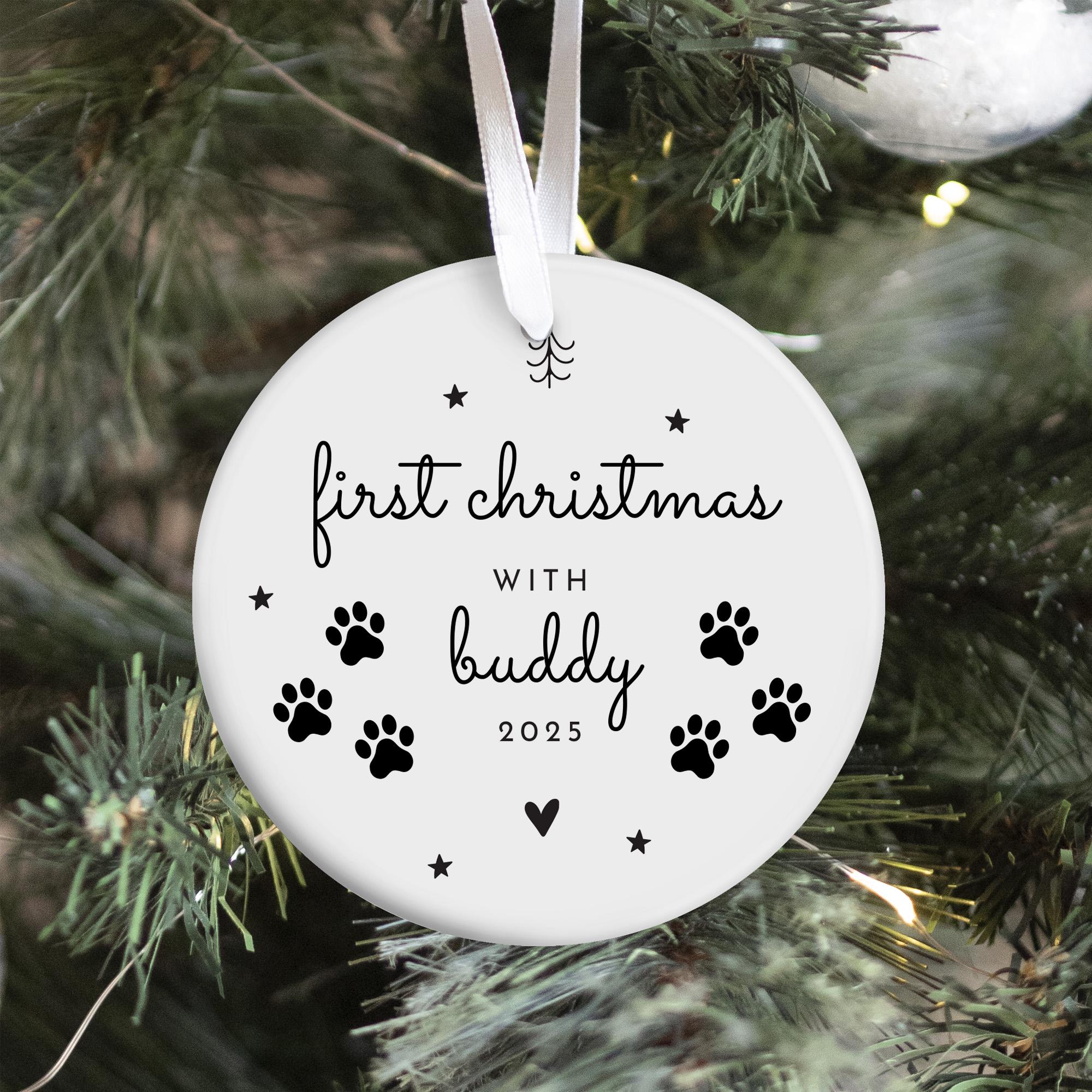 Personalised Pet First Christmas Ornament Gift for Dog, Cat Lover Custom Name Keepsake with Paw Prints