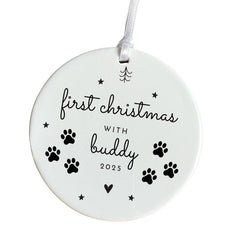 Personalised Pet First Christmas Ornament Gift for Dog, Cat Lover Custom Name Keepsake with Paw Prints