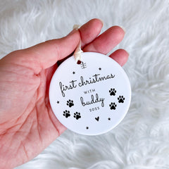 Personalised Pet First Christmas Ornament Gift for Dog, Cat Lover Custom Name Keepsake with Paw Prints
