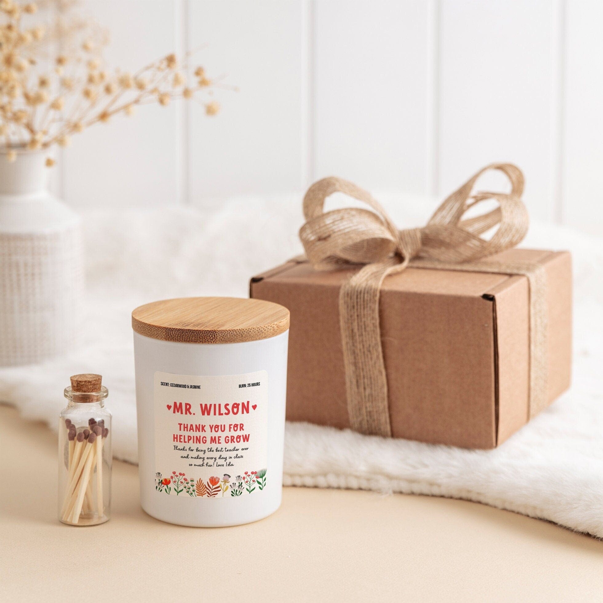 Personalised Scented Candle For Teacher With Your Text, Free Gift Package And Mini Matches Jar