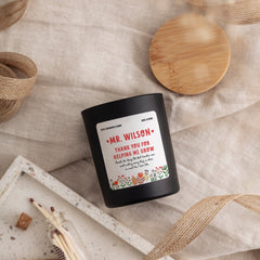 Personalised Scented Candle For Teacher With Your Text, Free Gift Package And Mini Matches Jar