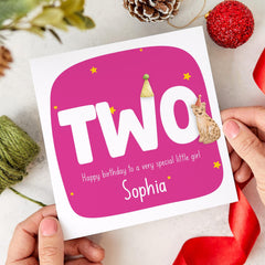 Personalised Second Birthday Card for Girl Name Animal 2nd Birthday Keepsake Card for Daughter Granddaughter or Niece Turning Two I am Two