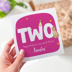 Personalised Second Birthday Card for Girl Name Animal 2nd Birthday Keepsake Card for Daughter Granddaughter or Niece Turning Two I am Two
