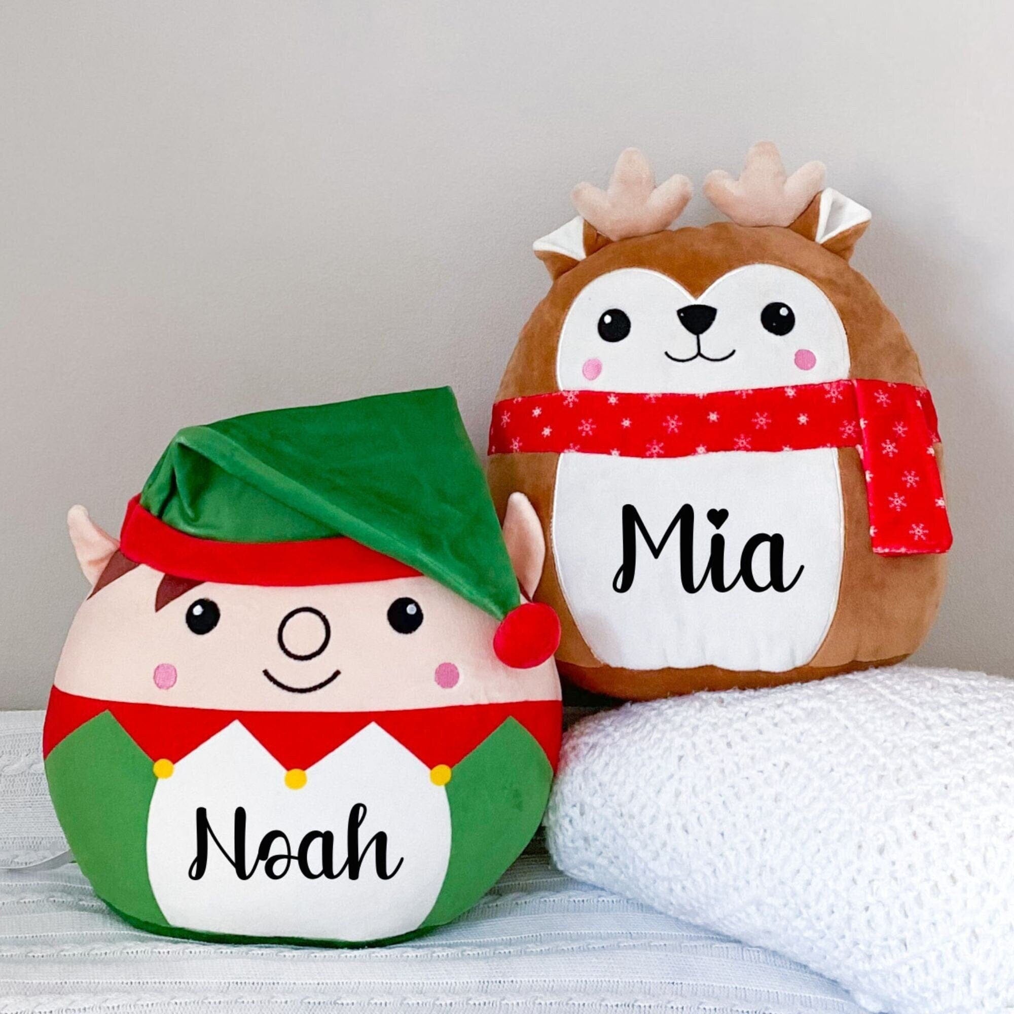 Personalised Squidgy Animals Christmas Elf Reindeer Soft Toy Baby Girl Boy 1St Xmas Gift For Nephew Niece
