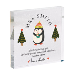 Personalised Teacher Christmas Acrylic Gift – Cute Penguin Design – Festive Thank You Keepsake for Teacher or Teaching Assistant from Child