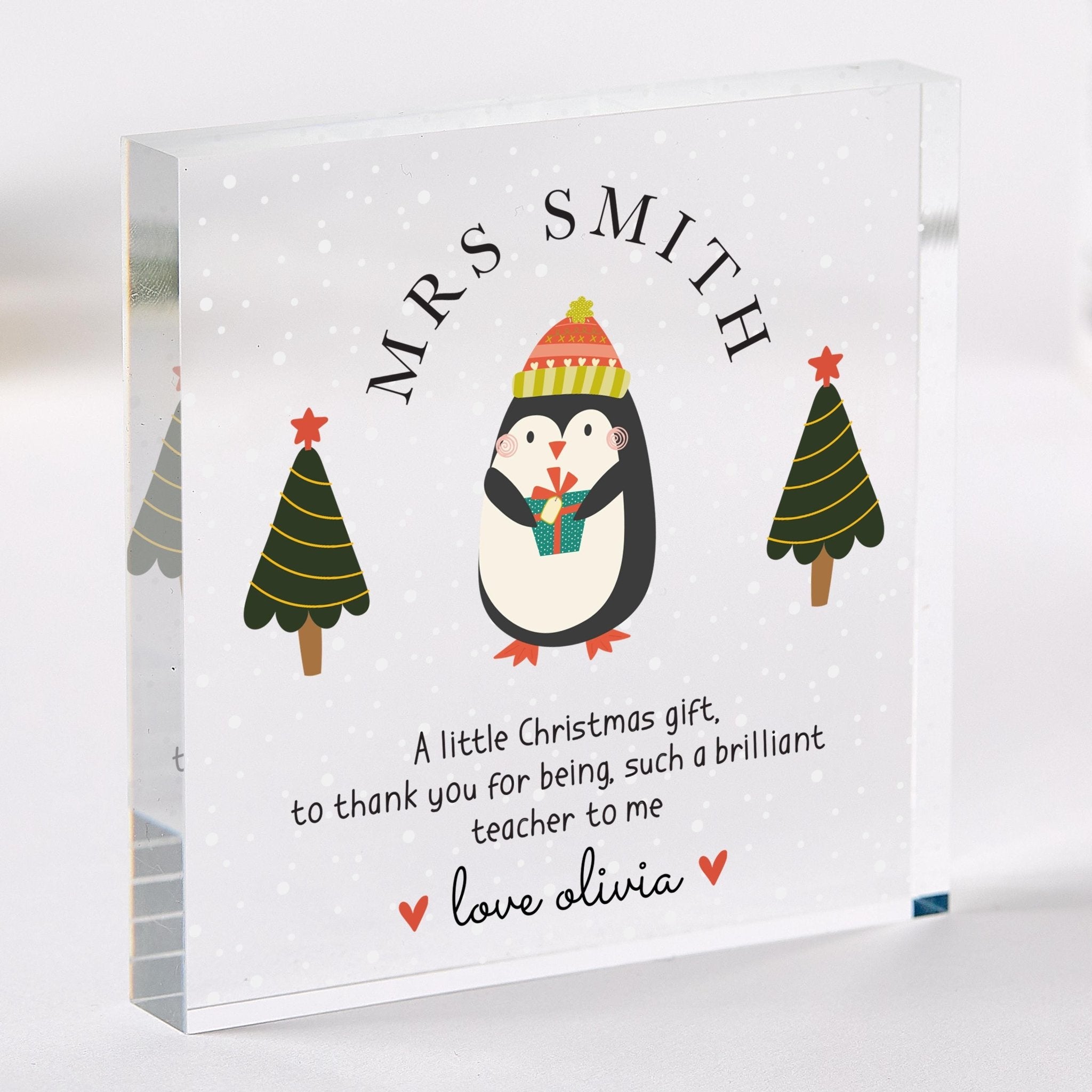 Personalised Teacher Christmas Acrylic Gift – Cute Penguin Design – Festive Thank You Keepsake for Teacher or Teaching Assistant from Child