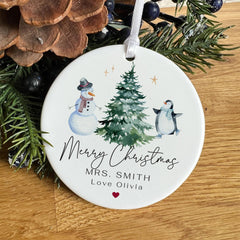 Personalised Teacher Christmas Tree Decoration– Snowman & Penguin Design Ornament – Festive Gift from Child or Class