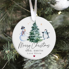 Personalised Teacher Christmas Tree Decoration– Snowman & Penguin Design Ornament – Festive Gift from Child or Class