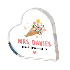 Personalised Teacher Heart Acrylic Keepsake Gift Thank You End of Term Present for Teacher Assistant Mentor Nursery or Classroom Hero